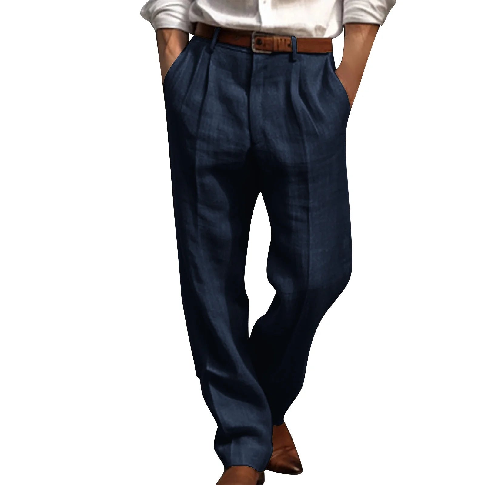 Cotton Linen Pants for Men Pleated Front Trouser Straight Leg Suit Trousers Solid Color Office Trouser Lightweight Linen Pant